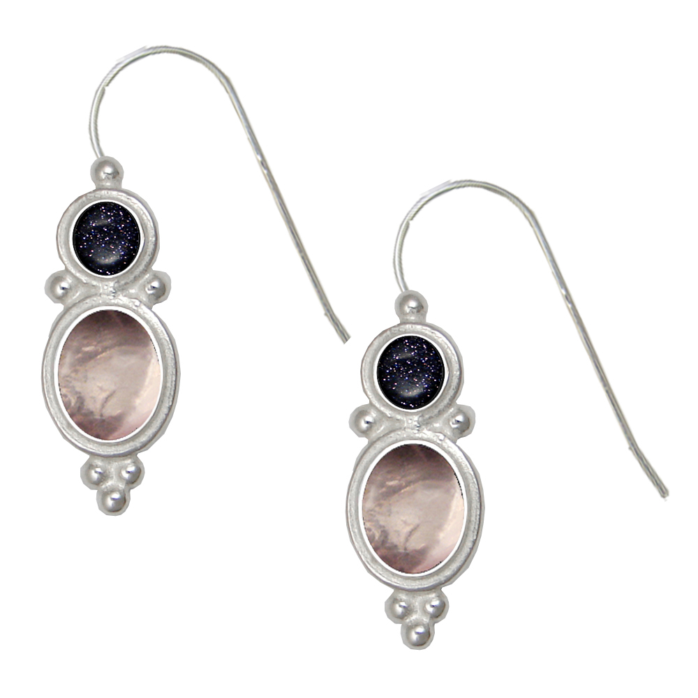 Sterling Silver Drop Dangle Earrings With Rose Quartz And Blue Goldstone